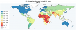 Wskaźnik rozwoju społecznego w 2011  (ang. Human Development Index, HDI). / hdr.undp.org