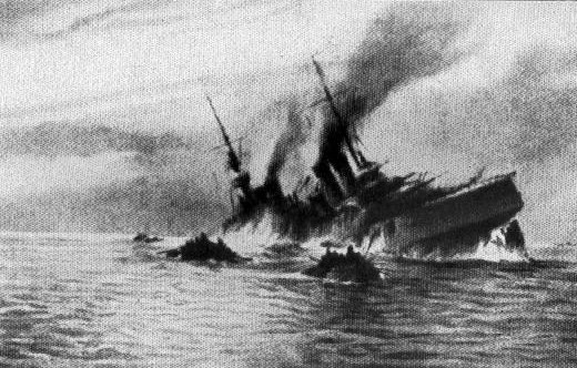 Tonący majestatycznie francuski krążownik Leo Gambetta, po storpedowaniu rzez austro - węgierski U-5. Źródło: airgroup2000.com