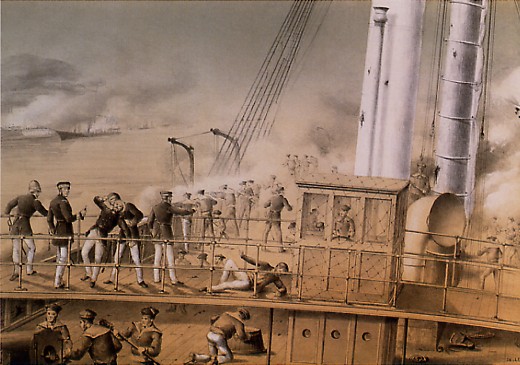 23 sierpnia 1884 r.  Pomost bojowy krążownika Volta w trakcie szalejącego starciu pod Fuzhou. Wśród oficerów sztabu, znajduje się wiceadm. Courbet. Źródło: wikimedia.org