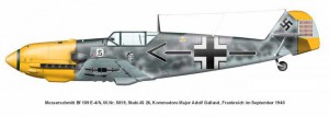 Messerchmitt BF 109, na którym latał Galland podczas kampanii francuskiej/ Źródło: http://commons.wikimedia.org/wiki/File:Bf_109_E-4_JG26_Galland_klein72.jpg