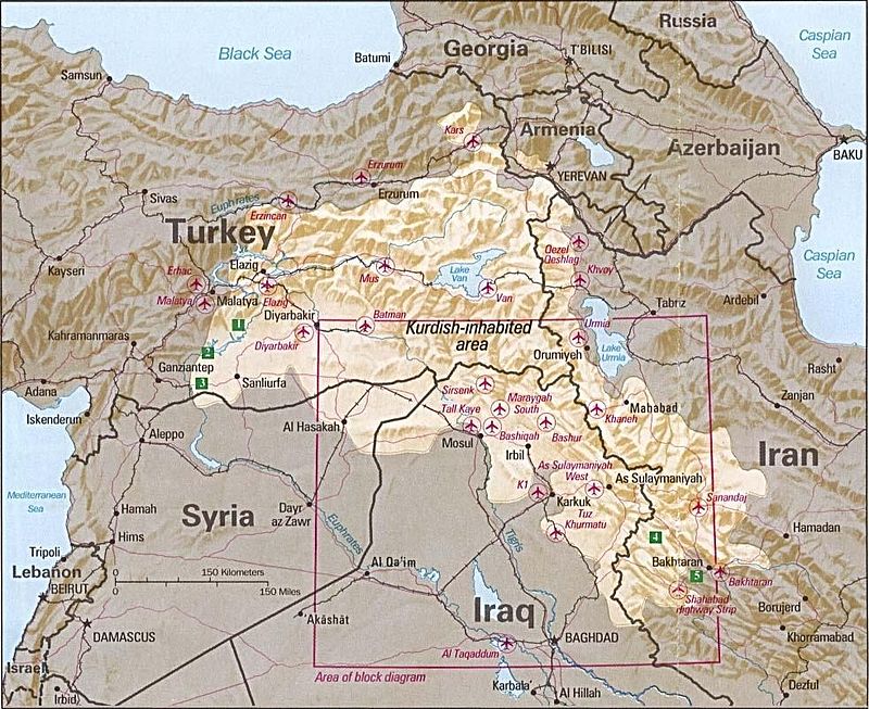 Obszary zamieszkane przez Kurdów (1992). (Źródło: U.S. Central Intelligence Agency)