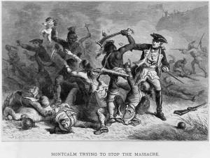 Markiz Montcalm próbuje powstrzymać indiańskich wojowników/ Źródło: http://commons.wikimedia.org/wiki/File:Montcalm_trying_to_stop_the_massacre.jpg?uselang=pl