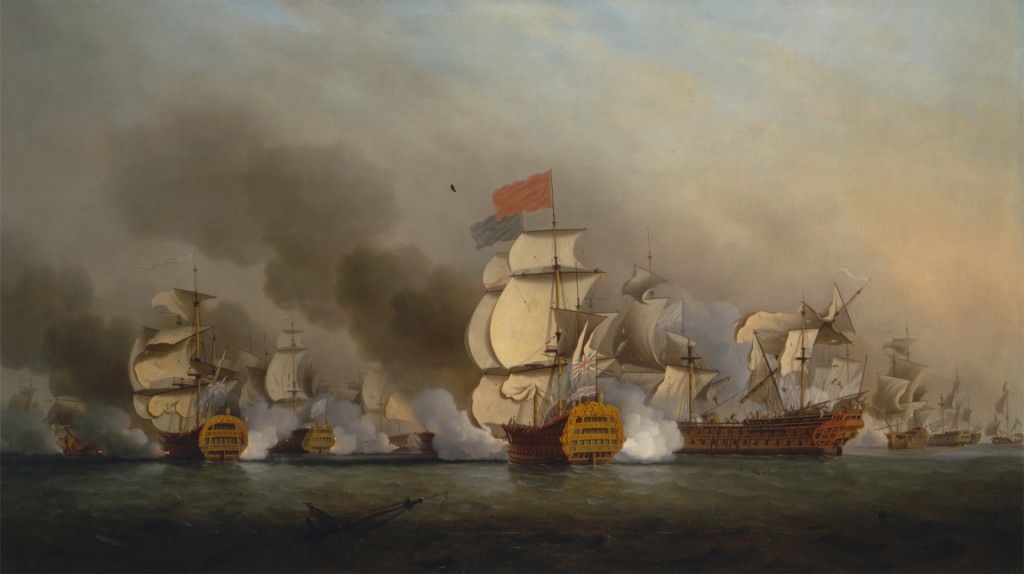 14 maj 1747 r. I bitwa u przylądka Finisterre, ujęcie namalowane przez Samuela Scotta. Źródło: wikimedia.org