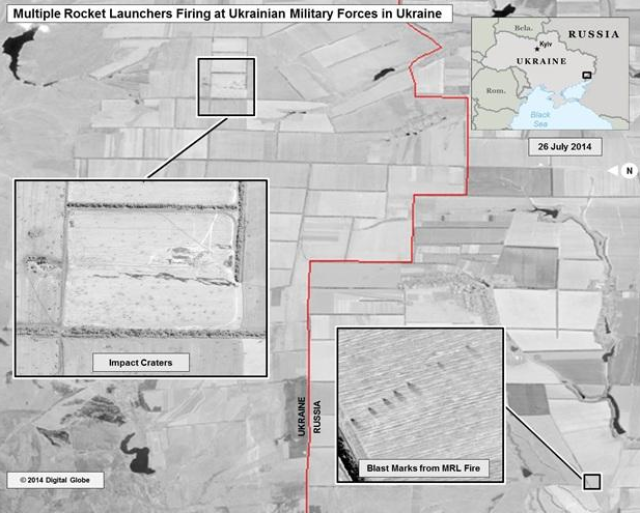 Ślady po wyrzutniach po stronie rosyjskiej oraz kratery po ostrzałach na terytorium Ukrainy / Routers