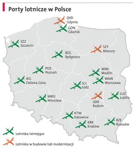 Rys. 1. Porty lotnicze w Polsce, stan na 2013 rok. / gosc.pl