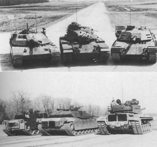 Porównanie prootypów XM1 z czołgiem M60A1, na górnej fotografii prototyp Chryslera po lewej, prototyp GM po prawej, na dolnej fotografii prototyp Chryslera w centrum, prototyp GM po lewej/Źródło: R.P. Hunnicutt "Abrams A History Of The American Main Battle Tank Volume 2"