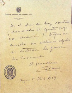 Oświadczenie gen. Francisco Franco o zakończeniu wojny domowej / Źródło: Wikimedia