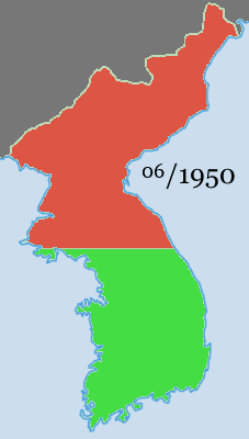 Wojna w Korei ? na czerwono zaznaczone są tereny opanowane przez siły Korei Północnej, Chin i komunistów, na zielono ? Korei Południowej, USA i ONZ. / wikipedia.pl