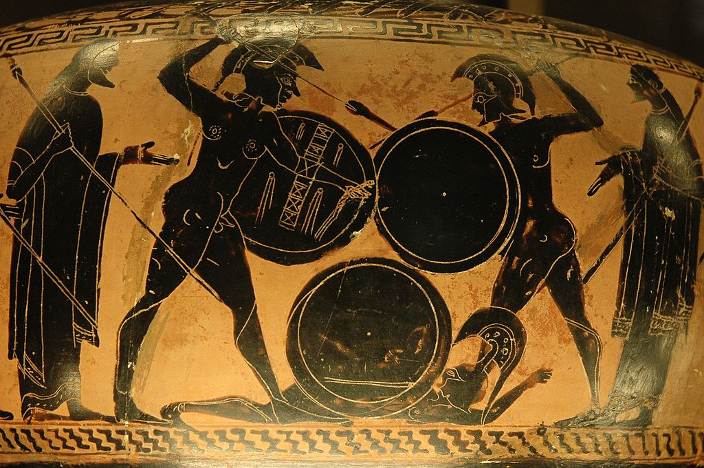 Walka hoplitów, fragment malowidła czarnofigurowego na wazie z lat 560-550 p.n.e. Wyraźnie widać zamocowania tarczy i koryncki hełm.