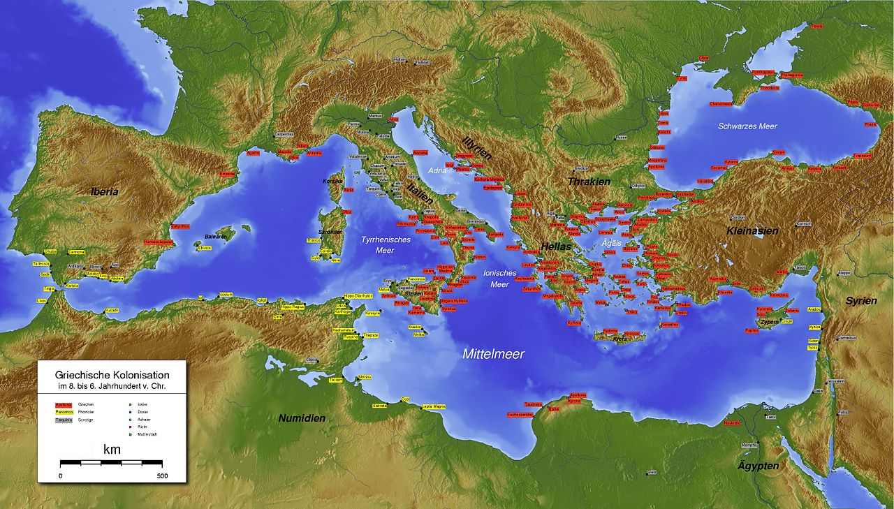 Kolorem czerwonym oznaczone zostały greckie kolonie w basenie Morza Śródziemnego i Czarnego; kolorem żółtym ? fenickie.