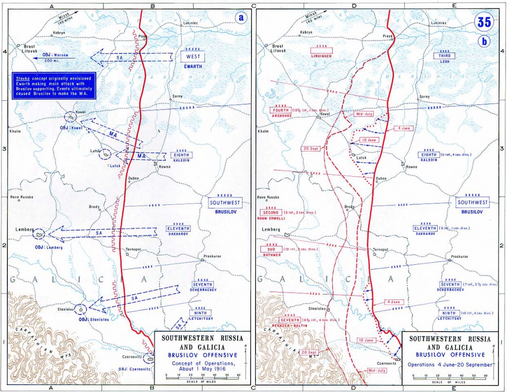 Front Południowo-Zachodni przed, i w trakcie ofensywy Brusiłowa. Źródło: wikimedia.org