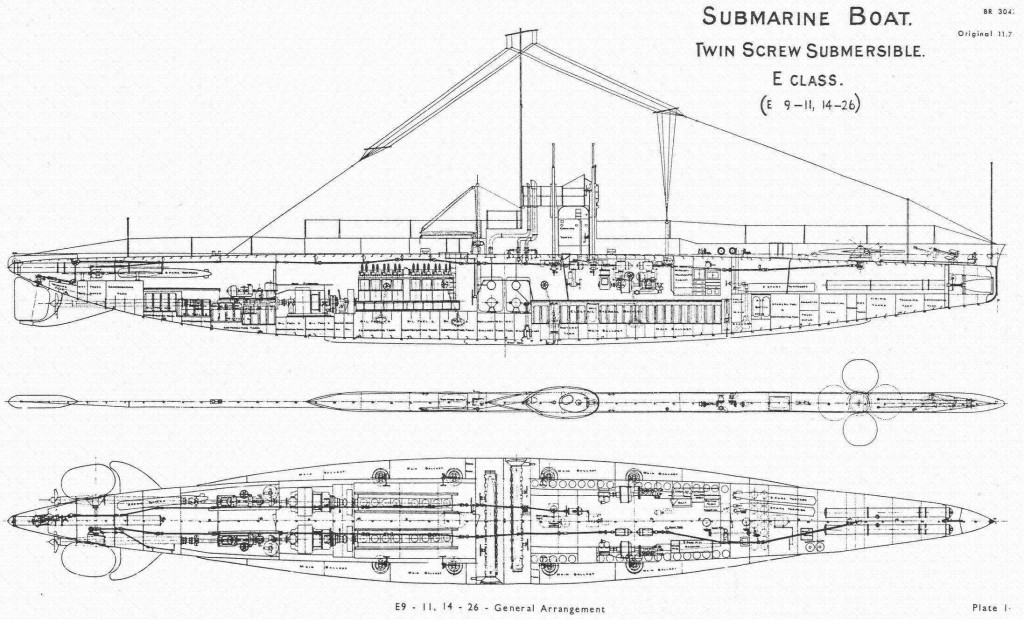 Schemat konstrukcyjny dużego i pełnomorskiego okrętu podwodnego typu E. Źródło: wrecksite.eu
