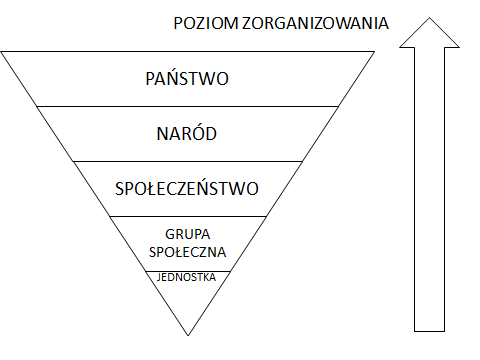 Rys .1. Hierarchizacja podmiotów społecznych według kryterium poziomu zorganizowania. / Źródło: Opracowanie własne.