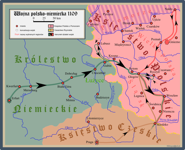 Mapa ukazująca przebieg wojny polsko-Niemieckiej z 1109 r. / Źródło: Wikimedia