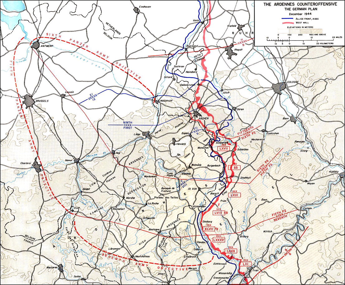 Niemiecki plan operacji "Wacht am Rhein" / Źródło: Wikimedia
