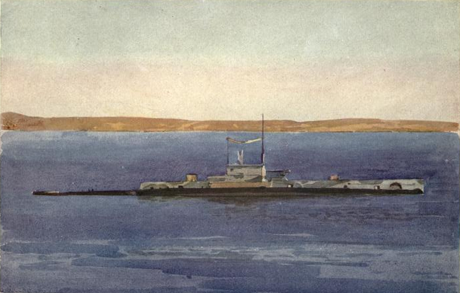 HMS E 11 w Dardanelach. Autor: Norman Wilkinson. Źródło: wikimedia.org