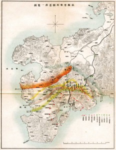 Postępy wojsk japońskich. Niebieska linia - 30 lipca, czerwona - 15 sierpnia, żółta - 20 sierpnia 1904, zielona - 2 stycznia 1905 r.  Źródło: wikimedia.org