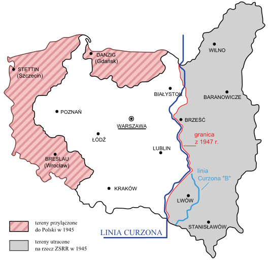 Przesunięcie granic Polski w wyniku II wojny światowej; Linia Curzona zaznaczona na niebiesko / Źródło: Wikimedia Commons