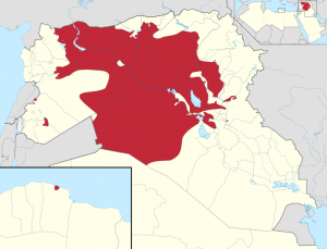Terytorium aktualnie kontrolowane przez Państwo Islamskie i obszar roszczeń terytorialnych / Źródło: Wikimedia Commons