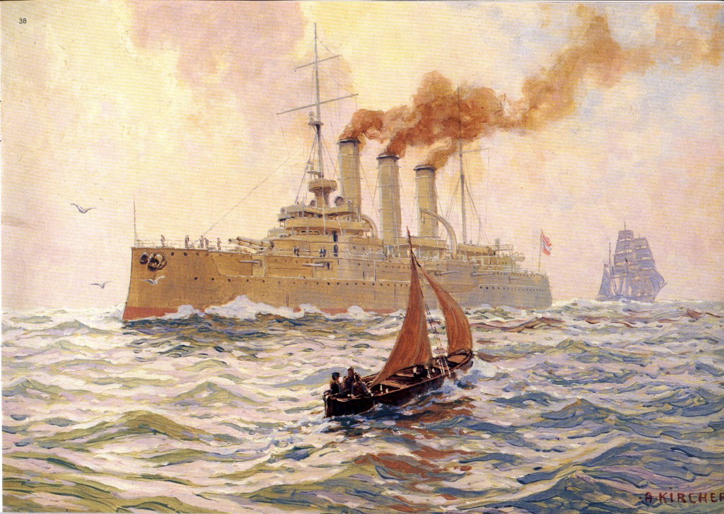Alesander Kircher (1867-1939) - SMS Sankt Georg. W chwili wybuchu I wojny światowej największy i najnowocześniejszy krążownik pancerny floty Austro-Węgier, okręt flagowy Floty Krążowników. Zbudowany przez stocznię "Arsenal" w Poli, jako półbliźniak Kaisera Karla VI. W 1906 r. , tuż po wejściu do służby, został jednostką flagową podczas demonstracji u wybrzeży Krety (połączonymi flotami mocarstw dowodził wiceadm. Juliusz von Ripper.). Międzynarodowa eskadra, w dniach od 26 listopada do 17 grudnia 1905 r. dokonała demonstracji siły wobec Turcji, wysadzając oddziały na wyspach Mytilene i Lemnos. W 1907 r. odwiedził Stany Zjednoczone z okazji jubileuszu 300-lecia kolonii Jamestown w Wirginii; w organizowanych z tej okazji zawodach osady krążownika zajęły dwukrotnie pierwsze miejsce w regatach żaglowych oraz drugie i trzecie miejsce w zawodach wioślarskich, a następnie uczestniczył w uroczystościach zaślubin greckiego księcia Jerzego. W roku 1912, podczas I wojny bałkańskiej, uczestniczył w eskadrze międzynarodowej wypełniając misje pacyfikacyjne. W 1913 r. brał udział w międzynarodowej demonstracji siły przeciw Czarnogórze, usiłującej zająć albański port Skutari ? między 18 sierpnia a 7 listopada, w ramach międzynarodowej eskadry, blokował ujście rzeki Bojany. Najaktywniejszy z dużych okrętów pancernych c.k. floty, od marca 1918 r. pełnił rolę okrętu sztabowego w Cattaro, a 6 kwietnia został przeklasyfikowany na okręt - bazę okrętów podwodnych.  Wyporność standardowa - 7407 t; pełna - 8199 t. Prędkość: 22,1 w.  Zasięg: 4500 Mm/10 w.  Opancerzenie: pb - 210 mm, pp - 60 mm, pag - 240 mm. pwd - 200 mm.  Uzbrojenie: 2x240 mm/L40 (2x1), 5x190 mm/L42 (5x1), 9x66 mm/L45, 8x47 mm/L44, 2 x 47 mm/L33, 2 ckm 8 mm, 2x66 mm/L18 (desantowe), 2 wt 450 mm.  Załoga: 32 oficerów i 589 marynarzy.   Źródło: almissa.com