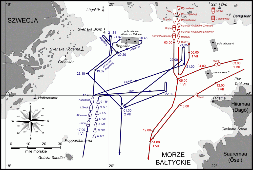 Akcja minowa okrętów niemieckich pod latarnią Bogskär w nocy z 1 na 2 lipca 1915 r. oraz koncentracja okrętów rosyjskich w rejonie na zachód od Ösel (Saaremaa) 1 lipca 1915 r.  Źródło: wikimedia.org