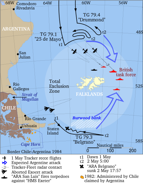 Operacje morskie do 2 maja 1982 r.  Źródło: wikimedia.org