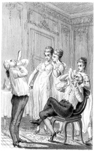 Giacomo Casanova sprawdza szczelność prezerwatywy, ku uciesze towarzyszących mu osób/ Źródło: Wikimedia Commons