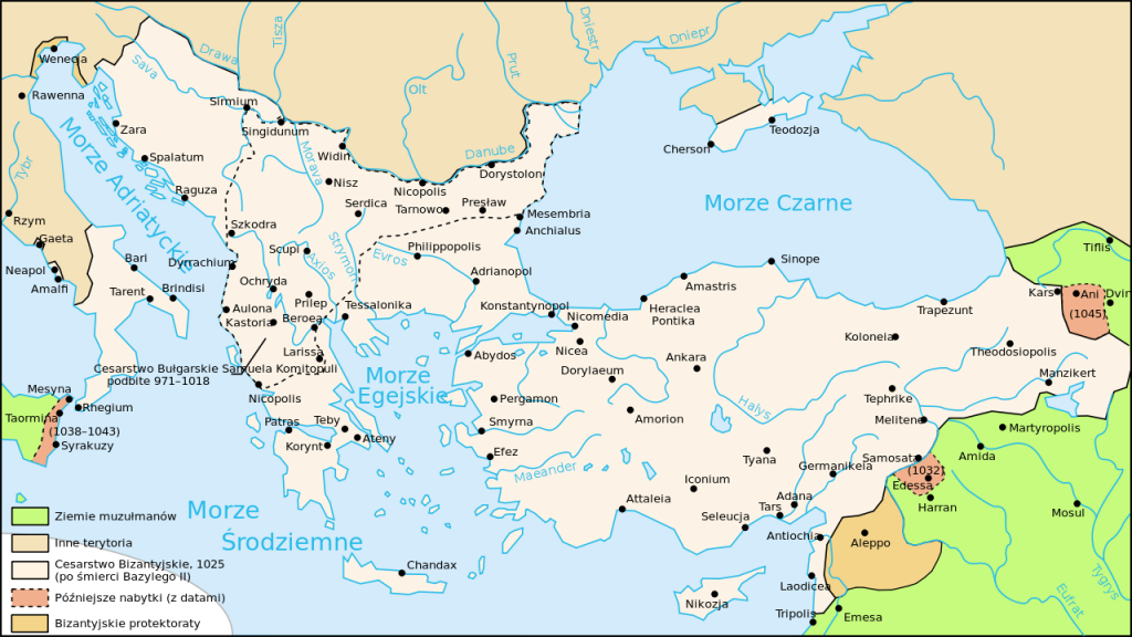 Cesarstwo Bizantyńskie u szczytu swojego zasięgu w okresie pełnego średniowiecza (1025 r.)