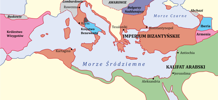 Cesarstwo Bizantyńskie w roku 650, po stracie wszystkich południowych prowincji oprócz Egzarchatu Kartaginy