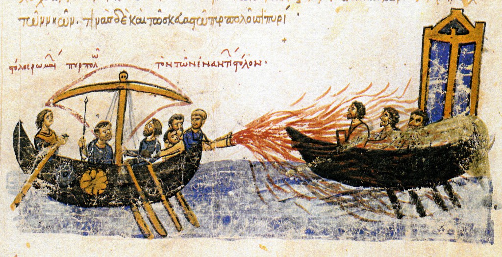 Ogień grecki, po raz pierwszy użyty przez bizantyńską flotę podczas wojen z Arabami (ilustracja z manuskryptu kroniki Jana Skylitzesa znajdującego się w Bibliotece Narodowej w Madrycie)