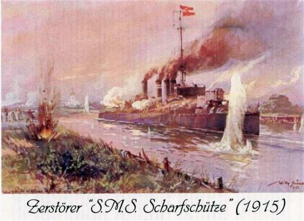 Willy Stöwer (1864-1931) - SMS Scharfschütze w ataku na Porto Corsini. Źródło: theborromeofamily.com