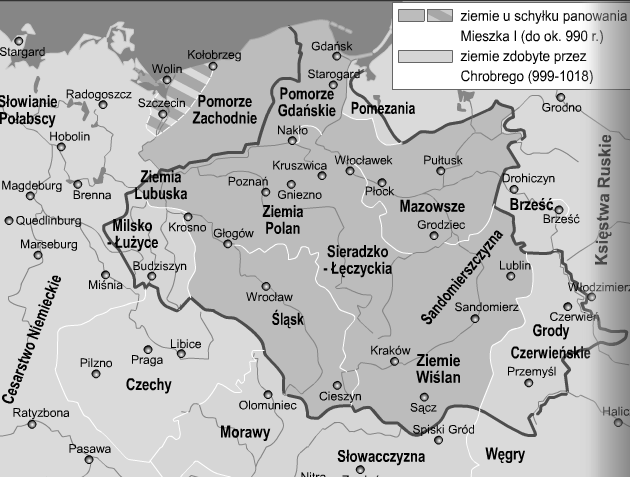 Rys. 2. Granice Polski za pierwszych Piastów (X-XI WIEK). / Źródło: http://polmap.pdg.pl/mapy.html, dostęp: 04.01.2014.