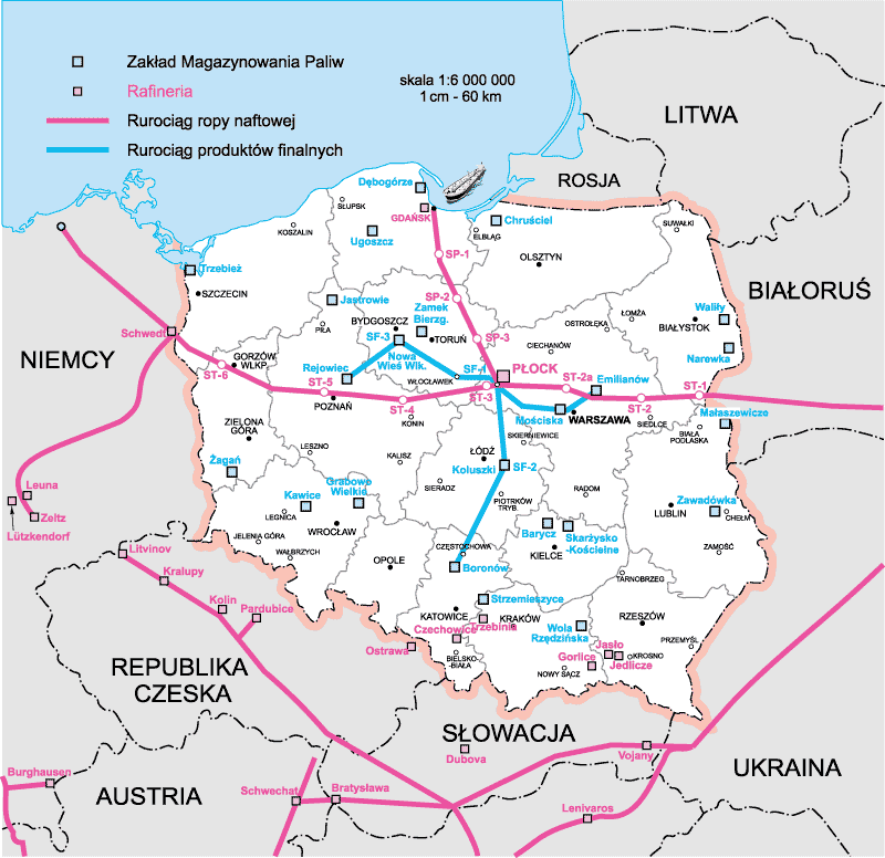 Rys. 3. Główne elementy infrastruktury roponośnej w Polsce. / Źródło: http://geoland.pl/dodatek/infrastruktura-ii/strategiczny-transport/,dostęp: 22.07.2015.
