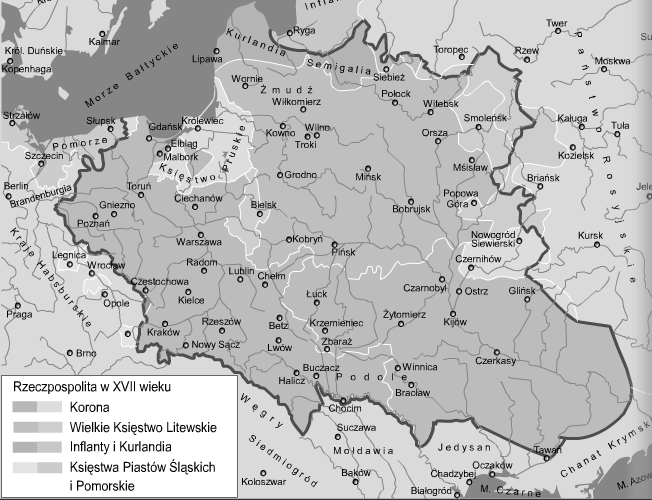 Rys. 3. Granice Rzeczypospolitej Szlacheckiej (Obojga Narodów) w XVII wieku. / Źródło: http://polmap.pdg.pl/mapy.html, dostęp: 04.01.2014.