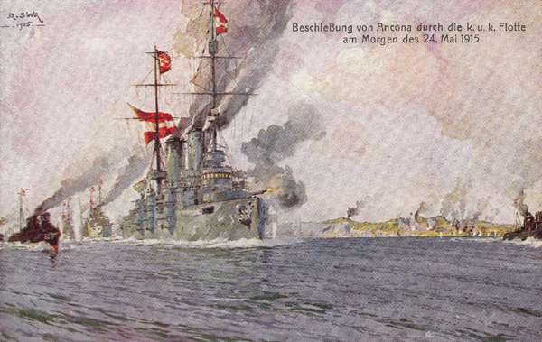 Ranek 24 maja 1915 r. Na wieść o wypowiedzeniu wojny przez Włochy, c.k. pancerniki bombardują Ankonę.  Na czele kolumny pancernik Habsburg.  Źródło: wikimedia.org