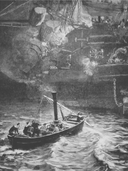 Atak torpedowy francuskiego kutra na chiński krążownik Yu Yuan w nocy z 14 na 15 lutego 1885 r.  Dowódcy obu szalup popełnili pewne pomyłki, wyznaczając kurs w ciemnościach nocnych i wystrzelili obie torpedy do chińskiego krążownika, który wkrótce zatonął.  Źródło: wikimedia.org