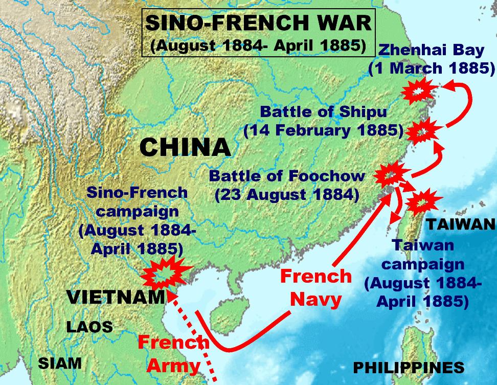 Mapa dalekowschodniego morskiego teatru działań wojennych wojny francusko-chińskiej (1884-1885 r.). Źródło: wikimedia.org