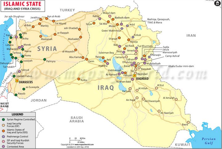 Obszary kontrolowane przez państwo islamskie w Syrii i Iraku, według stanu na 23 maja 2015 roku. / Źródło: http://www.mapsofworld.com/islamic-state/