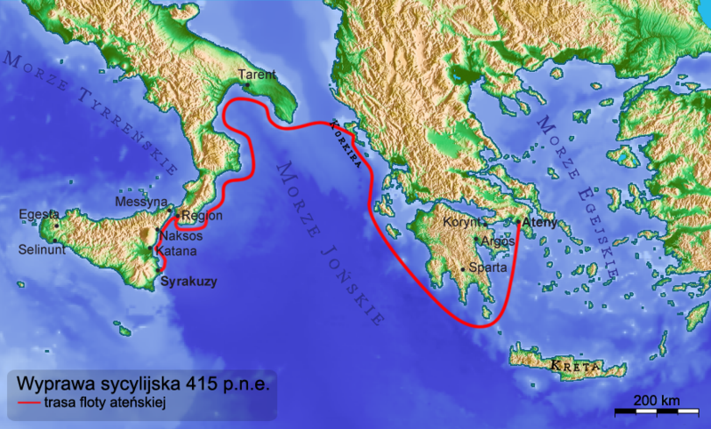 Mapa przebiegu wyprawy sycylijskiej / źródło: Wikimedia Commons