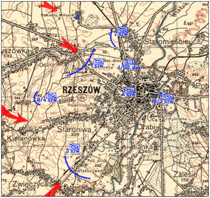 Pozycje obronne 24. pułku ułanów w pierwszej fazie obrony Rzeszowa / Źródło: Wykonanie autora