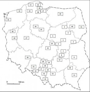 Mapa Polski z zaznaczonymi manifestacjami przeciwko przyjmowaniu uchodźców-migrantów, wrzesień 2015 r.