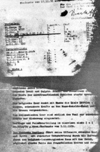 Fragment nadpalonych dokumentów, które próbował zniszczyć mjr Reinberger/ Źródło: Wikimedia Commons