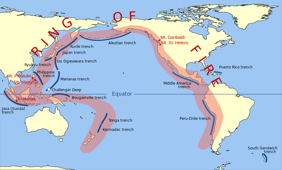 Pacyficzny pierścień ognia ? strefa częstych trzęsień ziemi i erupcji wulkanicznych, która otacza Ocean Spokojny. / wikipedia.pl