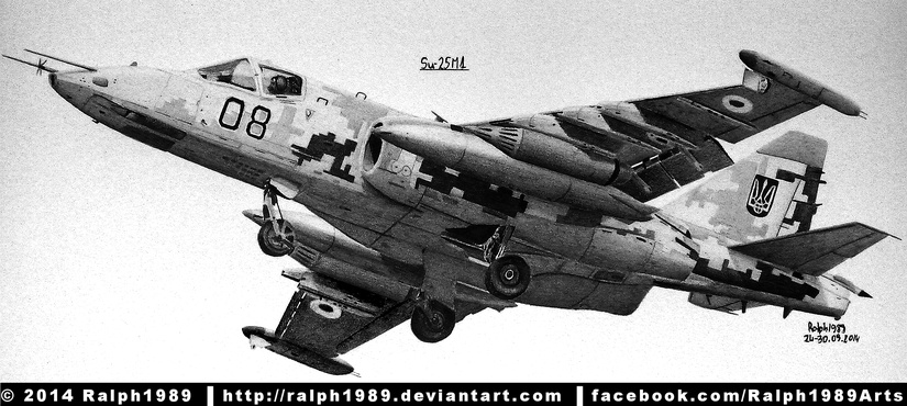Rysunek autorstwa Ralph1989 zmodernizowanego wariantu Su-25M1 w pikselowym kamuflażu.