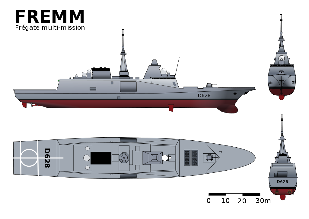 Uproszczony schemat wielozadaniowej fregaty rakietowej typu FREMM. / Wikimedia Commons.