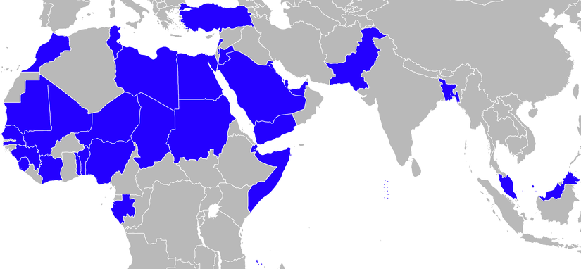 Państwa nowej koalicji antyterrorystycznej, utworzonej przez Arabię Saudyjską w dniu 15 grudnia 2015 roku. / Opracowanie własne na bazie wycinka czystej mapy świata na licencji Wikimedia Commons.
