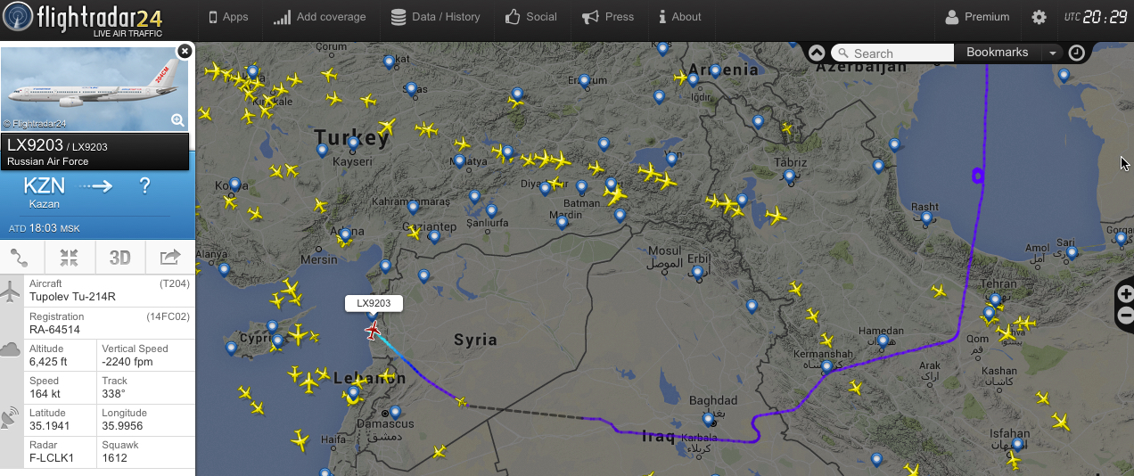 Tu-214R podczas lotu do Syrii. / Źródło: The Aviationist/Flightradar.com screen.