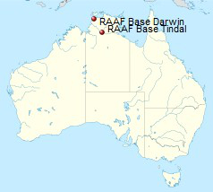 Położenie baz lotniczych RAAF Tindal i Darwin. / Wikimedia Commons.