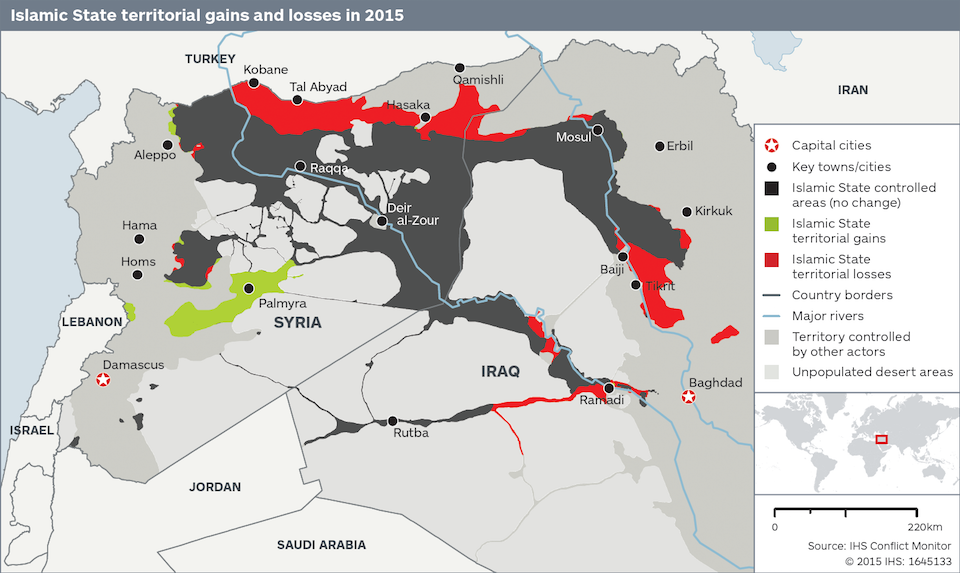 Straty terytorialne ISIS w 2015 roku. Źródło: IHS Jane's 360.