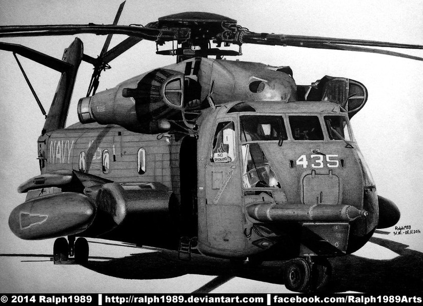 Sikorsky CH-53E Super Stallion, rysunek autorstwa Ralph1989. CH-53E jest wojskowym oznaczeniem śmigłowca S-80E, wariantu ciężkiego transportowca, używanego przez US Navy i Korpus Piechoty Morskiej.